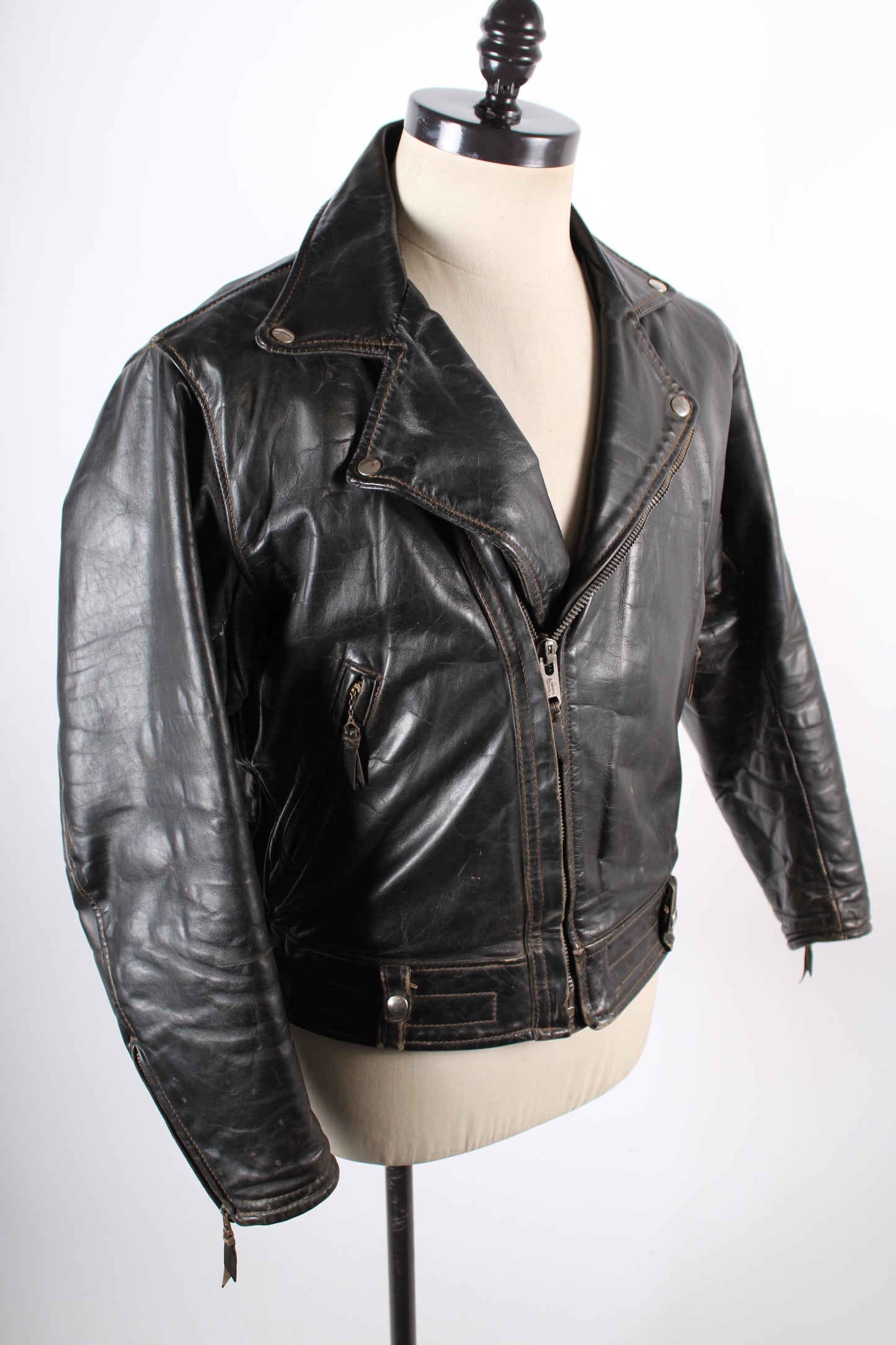 Vintage 60s 70s Langlitz Black Leather Columbia Motorcycle Coat Jacket Mens 42-44